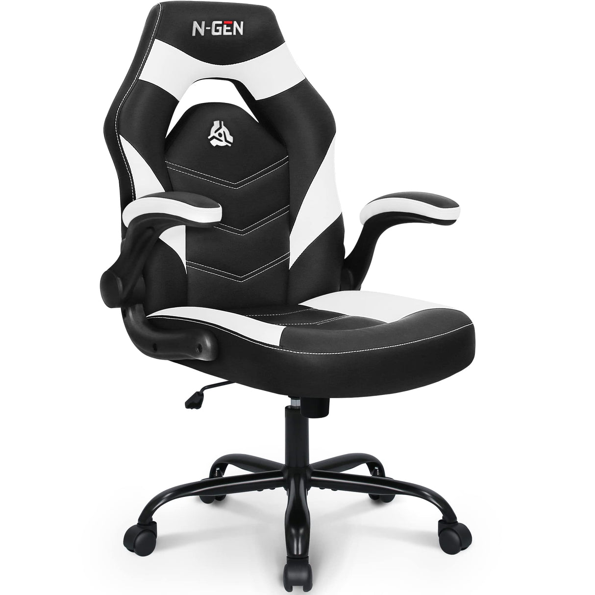 N-GEN Video Gaming Computer Chair Ergonomic Office Chair Desk Chair with Lumbar Support Flip Up Arms Adjustable Height Swivel PU Leather Executive with Wheels for Adults Women Men (White) NEO CHAIR