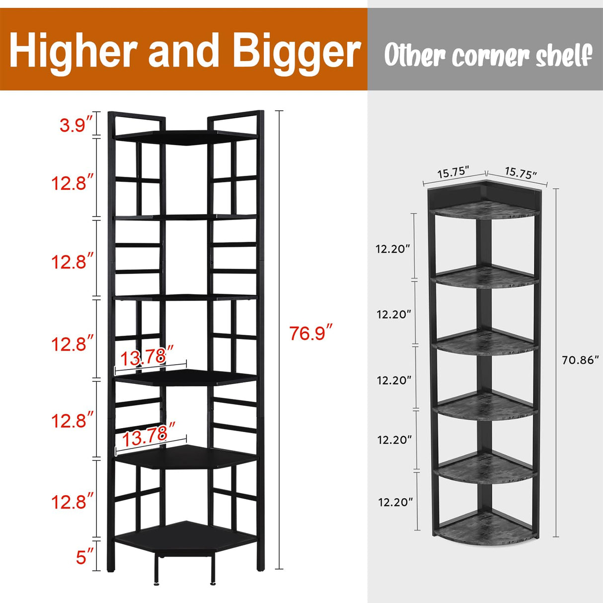 HOMISSUE Corner Shelf, 6 Tier Tall Narrow Bookshelf 76.9", Industrial Corner Bookcase with Storage for Home Office Living Room and Bedroom, Black HOMISSUE