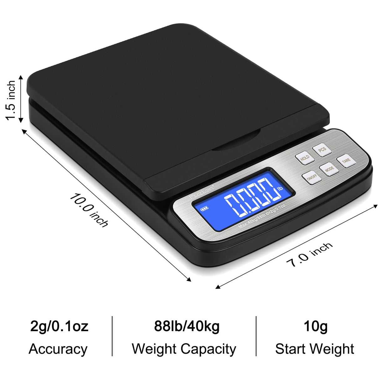 Fuzion Shipping Scale - Digital Postal Scale 88lb x 0.1oz, 5 Units, Hold/Tare/PCS Counting, Easy Calibration, Large LCD, All-in-1 Scale for Packages Fuzion