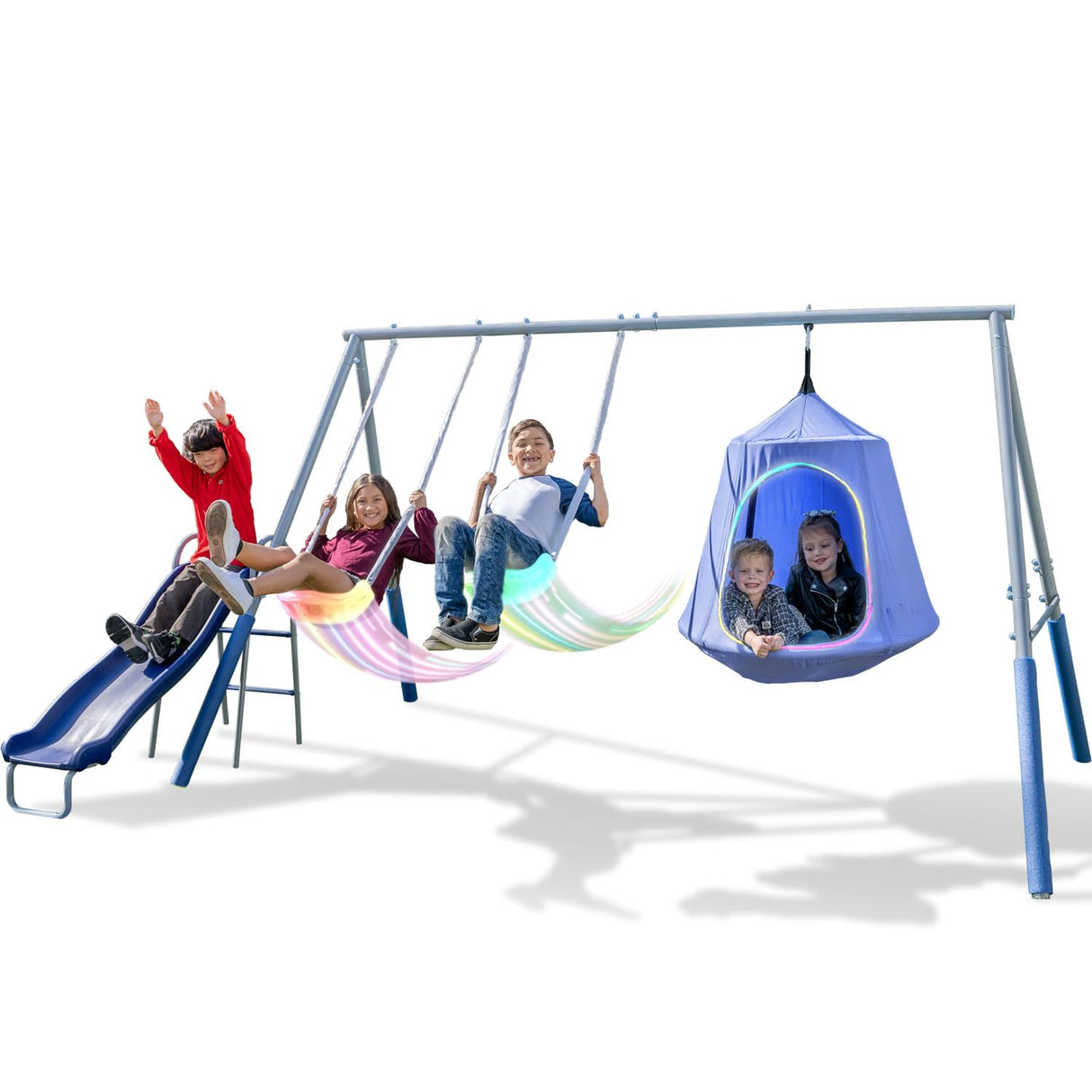 Sportspower Shooting Star Metal Swing Set w/ 2 LED Swings, Padded Saucer Swing with LED Light up Tent and 5' Double Wall Blow Molded Slide Sportspower