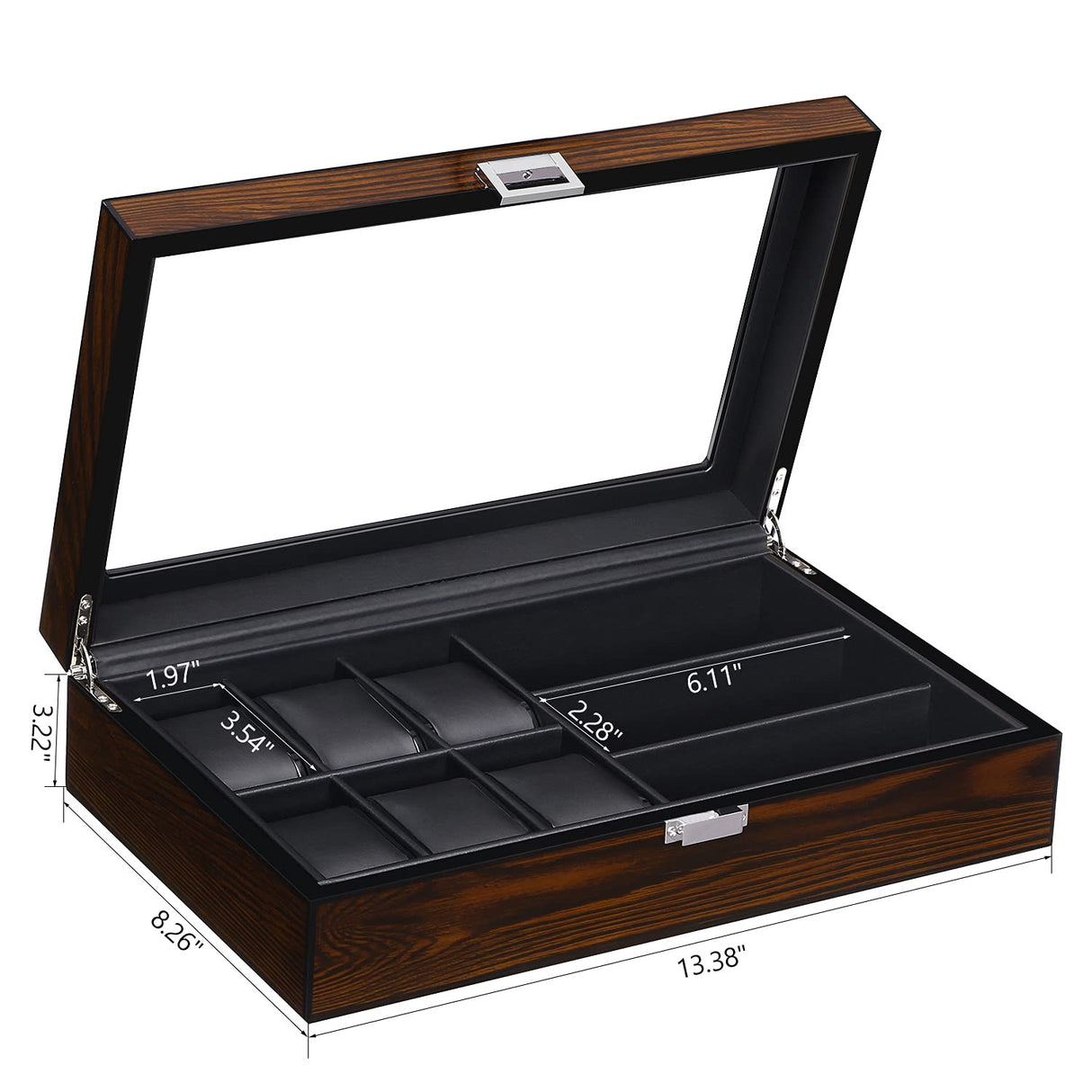 BEWISHOME Watch Box Sunglass Organizer with Real Glass Top, 6 Watch Case and 3 Slots Sunglasses Box for Men, Smooth Faux Leather Interior, Brown SSH15Y BEWISHOME