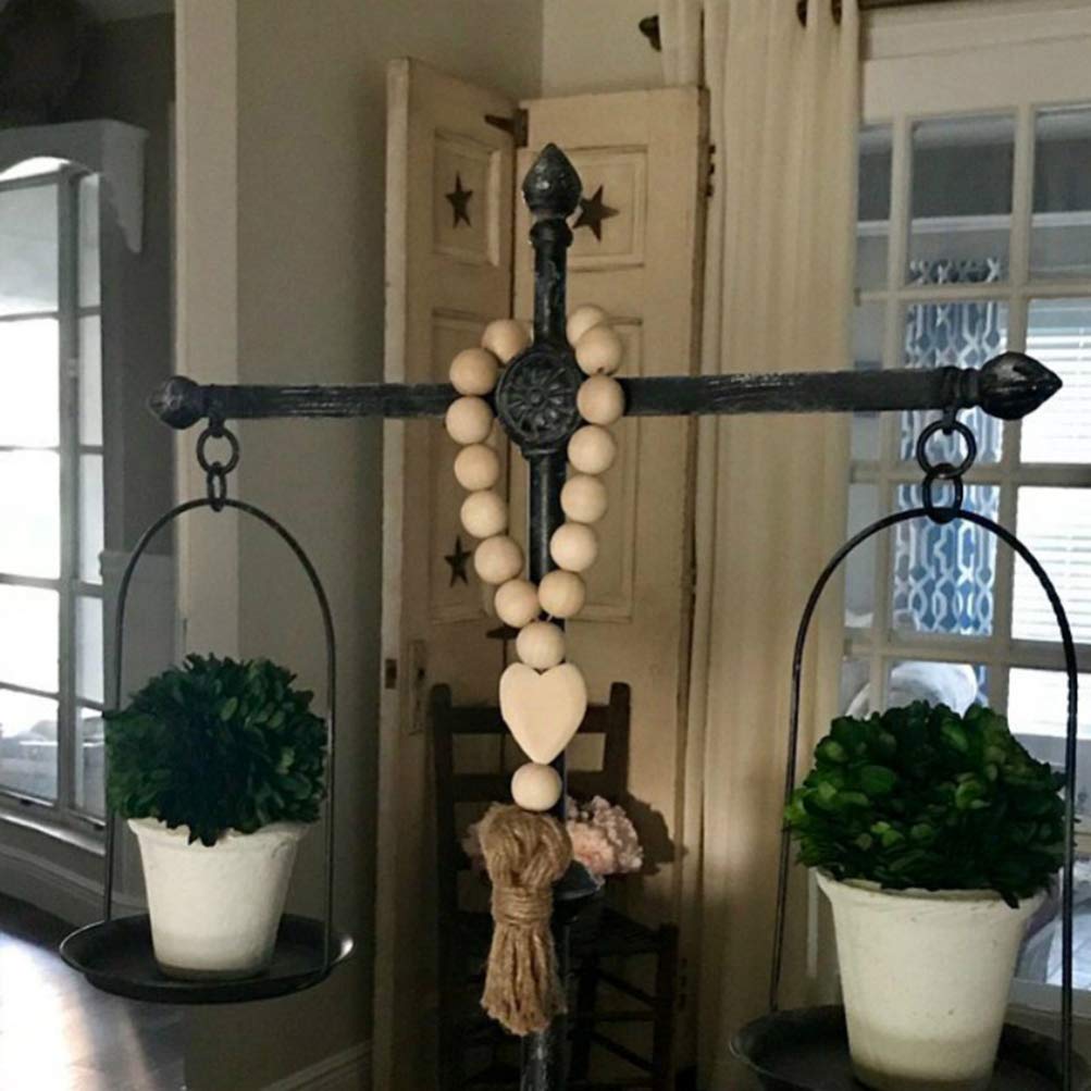 Garneck Wooden Bead Wreath Tassels - 2 Pcs Rustic Farmhouse Wooden Bead Ring with Wood Heart Pendant Tassels - Hanging Wooden Bead String for Home Garden Statue, Cross Prayer Decor Garneck