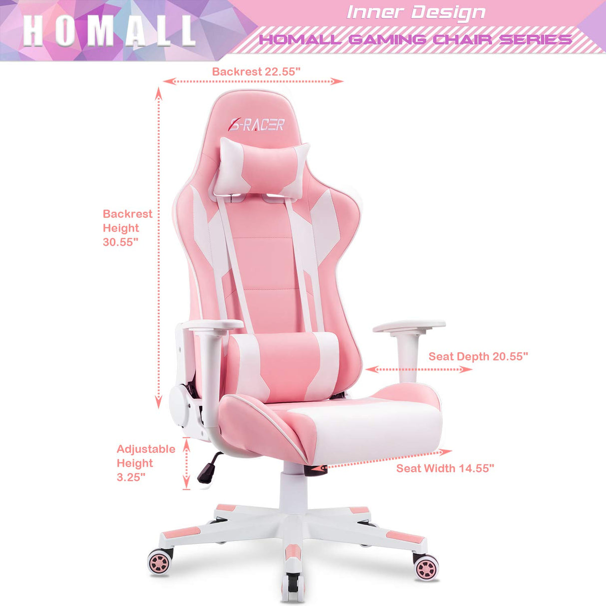 Homall Gaming Chair, Office Chair High Back Computer Chair Leather Desk Chair Racing Executive Ergonomic Adjustable Swivel Task Chair with Headrest and Lumbar Support (Pink) Homall