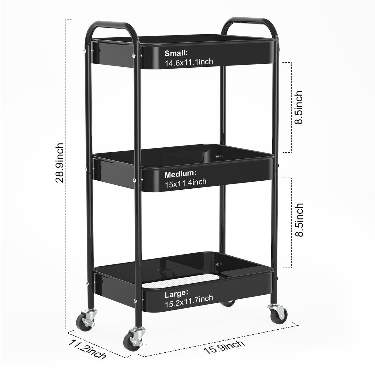 PNVXNUS 3-Tier Rolling Metal Storage Cart with Wheels, Multi-Functional Organizer for Office, Kitchen, Bathroom, Books Diapers - Easy Assembly (Black) PNVXNUS