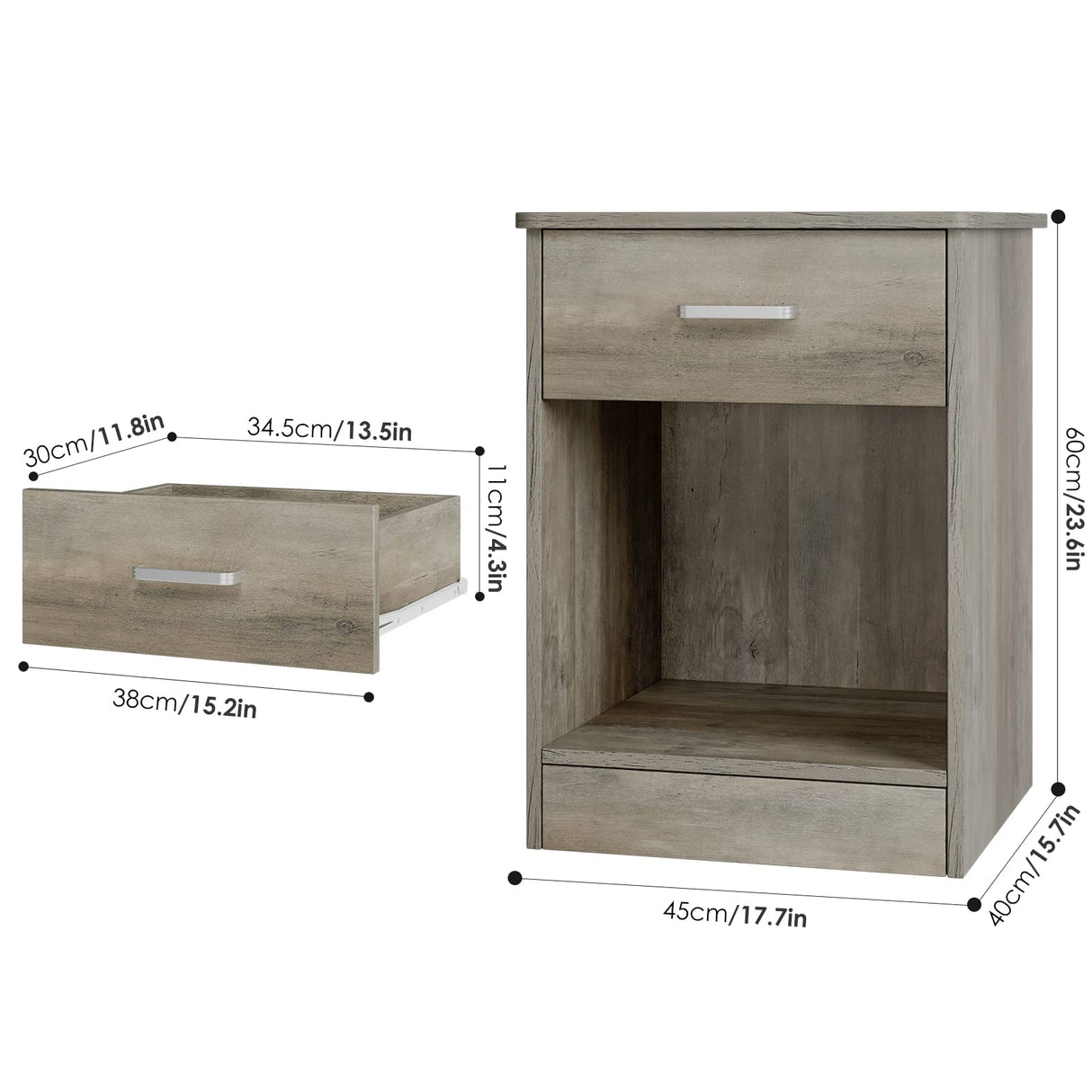 FOTOSOK Nightstand Set of 2, 2-Tier Side Table with Drawer and Storage Shelf, Bedside Table End Table, Modern Night Stand for Bedroom, Home Office,Vintage Grey FOTOSOK