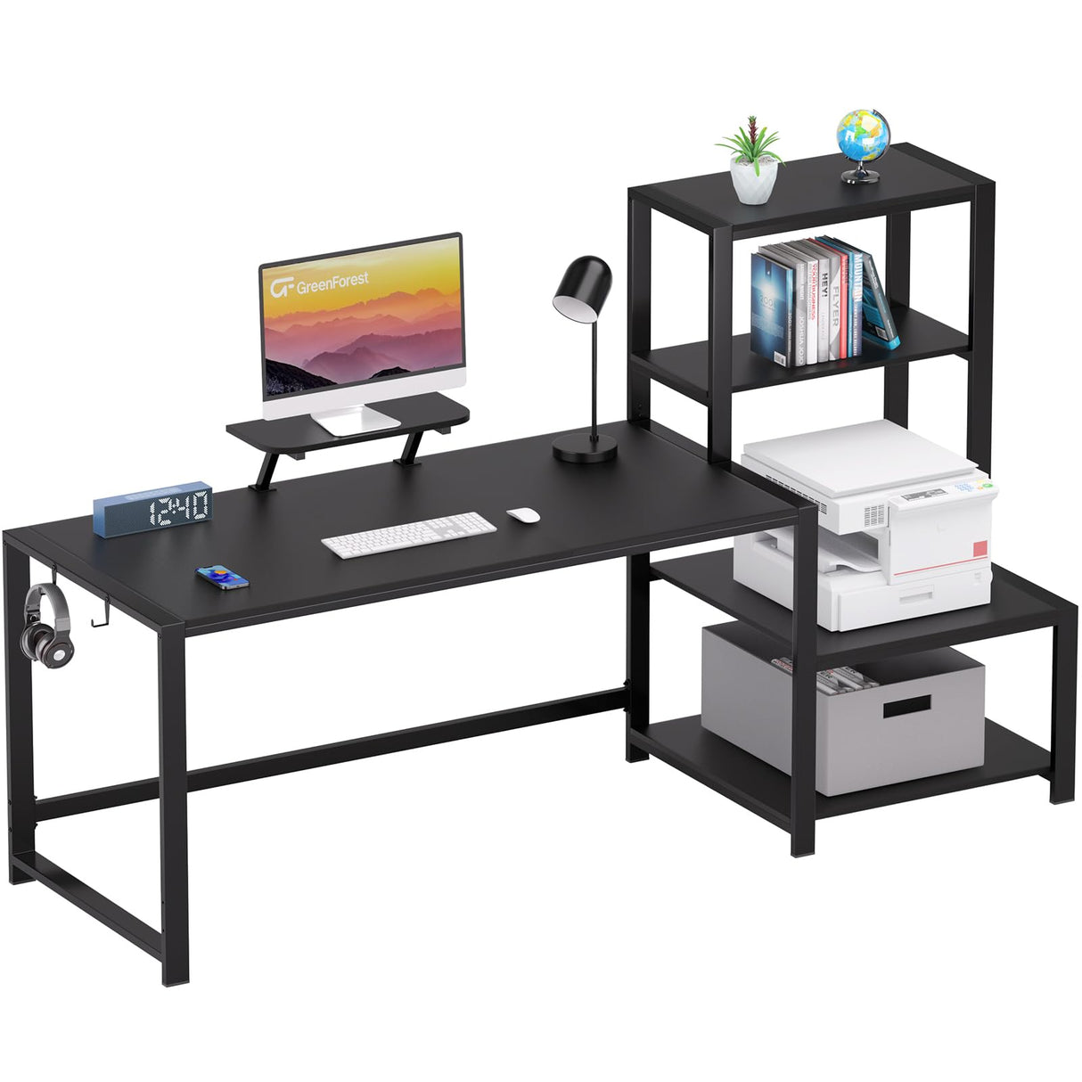 GreenForest Computer Desk 67 inch with Storage Printer Shelf, Reversible Gaming Home Office Desk Large Study Writing Table with Movable Monitor Stand and 2 Headphone Hooks for PC Working, Black GreenForest