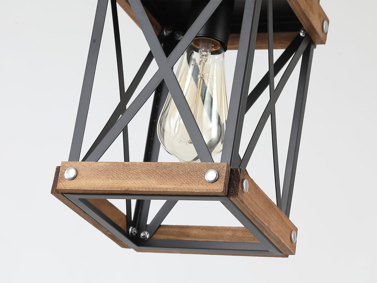 2 Pack Rustic Farmhouse Wood Pendant Light Fixture One-Light Adjustable Chain Oak Wood and Metal Lantern Cage Small Pendant Lighting for Kitchen Island Sink Hallway Farmhouse Bathroom Bar, Black RKUCSR