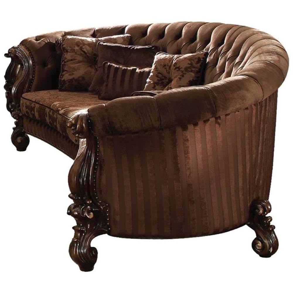 Acme Versailles Sofa with 5 Pillows in Brown Velvet and Cherry Oak Acme