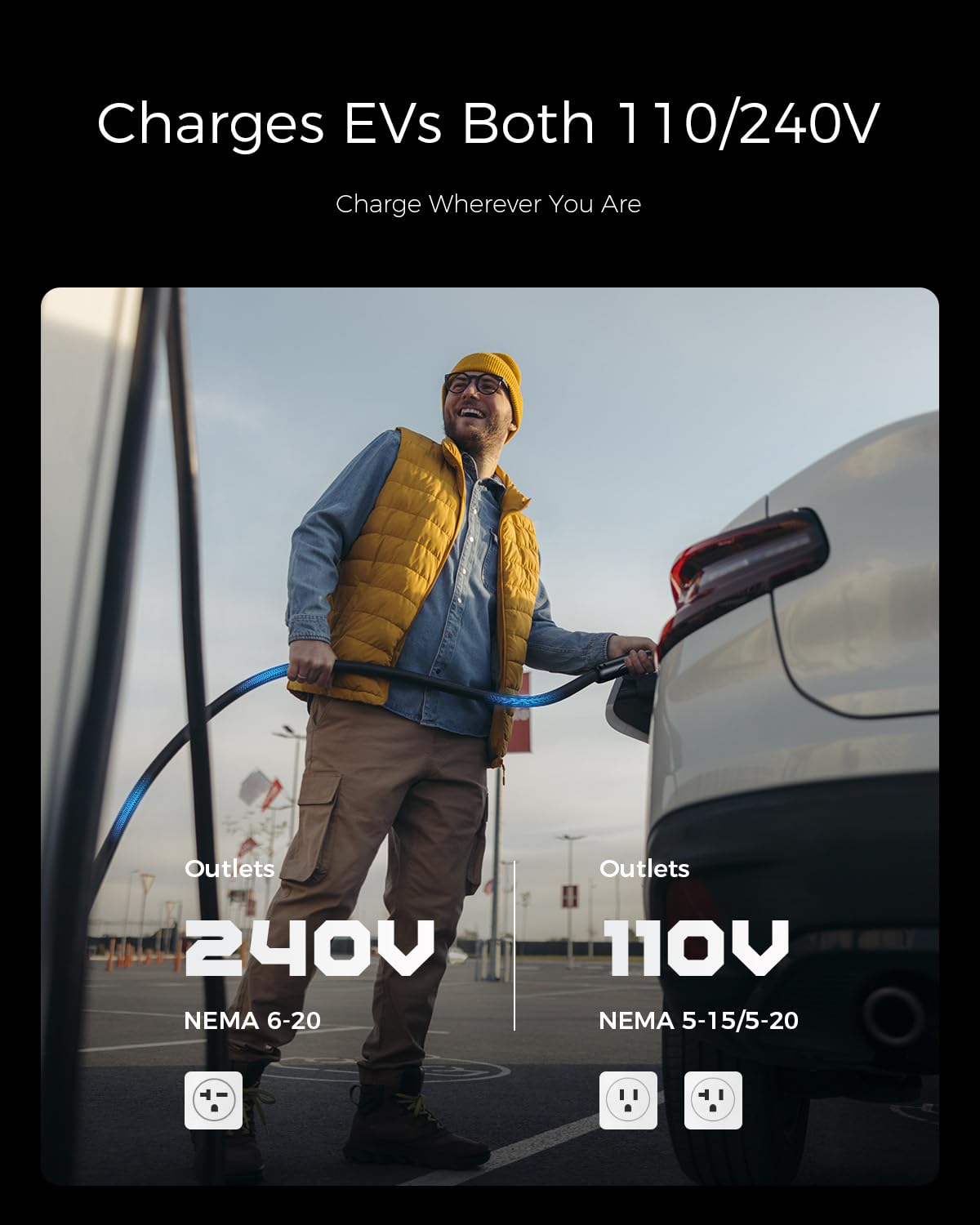 Level 1/2 EV Charger, 16A 110-240V Portable EV Charger with 25FT Cable, Home Electric Vehicle Charging Stations with NEMA 6-20 Plug NEMA 5-15 Adapter for All J1772 EVs EG evgoer