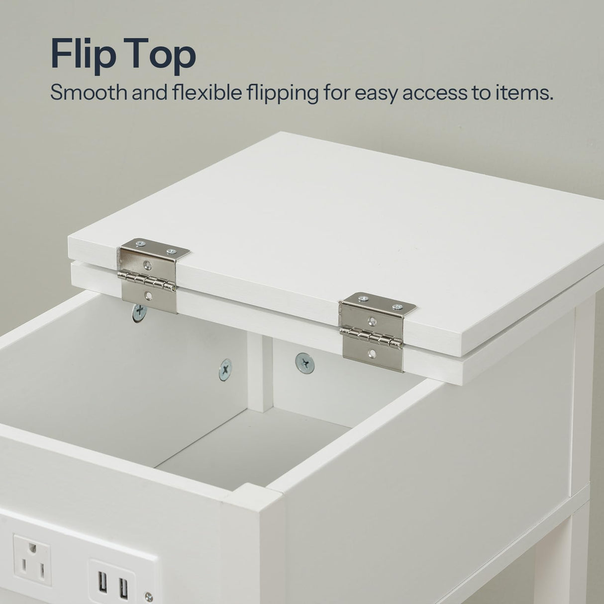 HOOBRO End Table with Charging Station, Flip Top Side Table with USB Ports, Narrow Nightstand Bedside Tables with Storage Shelves, for Small Space, Living Room, White WT141UBZ01 HOOBRO