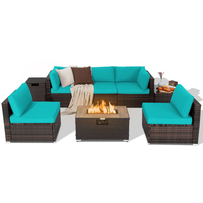 RELAX4LIFE 8-Piece Patio Furniture Set - Rattan Wicker Sectional Sofa Set w/Cushions, 32’’ Outdoor Gas Propane Fire Pit Table & Tank Holder, 40000 BTU Heat Output, PVC Cover for Firepit (Turquoise)