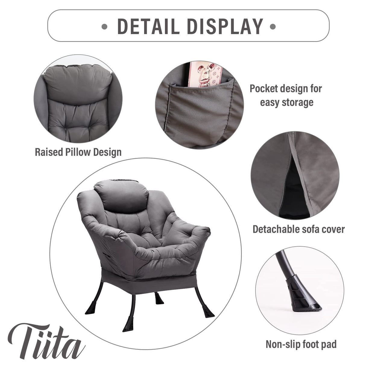 Tiita Lazy Chair with Ottoman, Modern Large Accent Lounge Chair, Leisure Sofa Armchair with Ottoman, Reading Chair with Footrest for Bedroom, Living Room, Dorm Rooms, Garden and Courtyard Tiita