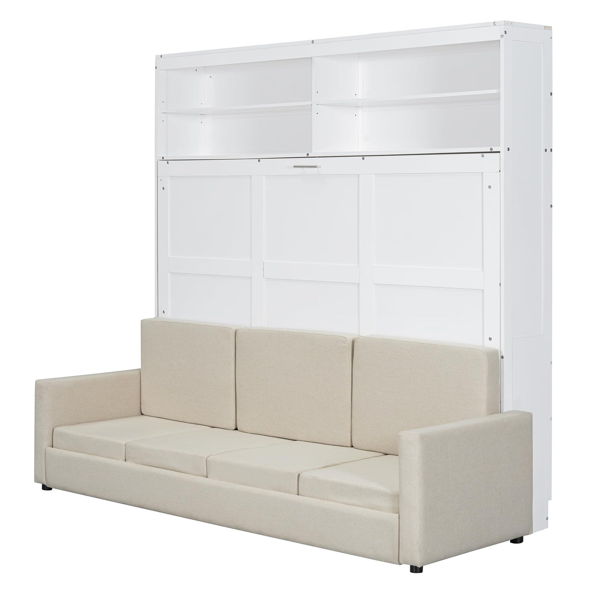 Merax Queen Size Murphy Bed, Wooden Queen Murphy Bed with Sofa and Cushion, Wall Bed with Shelves, White Merax