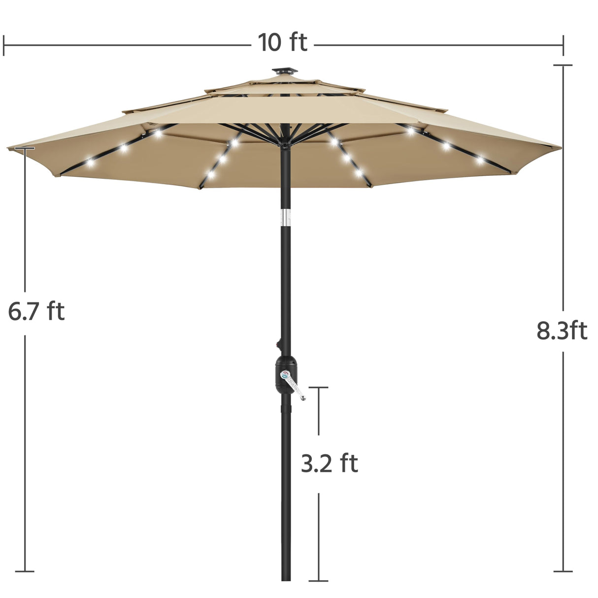 Yaheetech 10ft 3-Tier Vented Solar Patio Umbrella, Table Outdoor Market Umbrella with 24 LED Lights, 8 Sturdy Ribs Beach Umbrella with Tilt and Crank for Garden, Deck, Tan Yaheetech