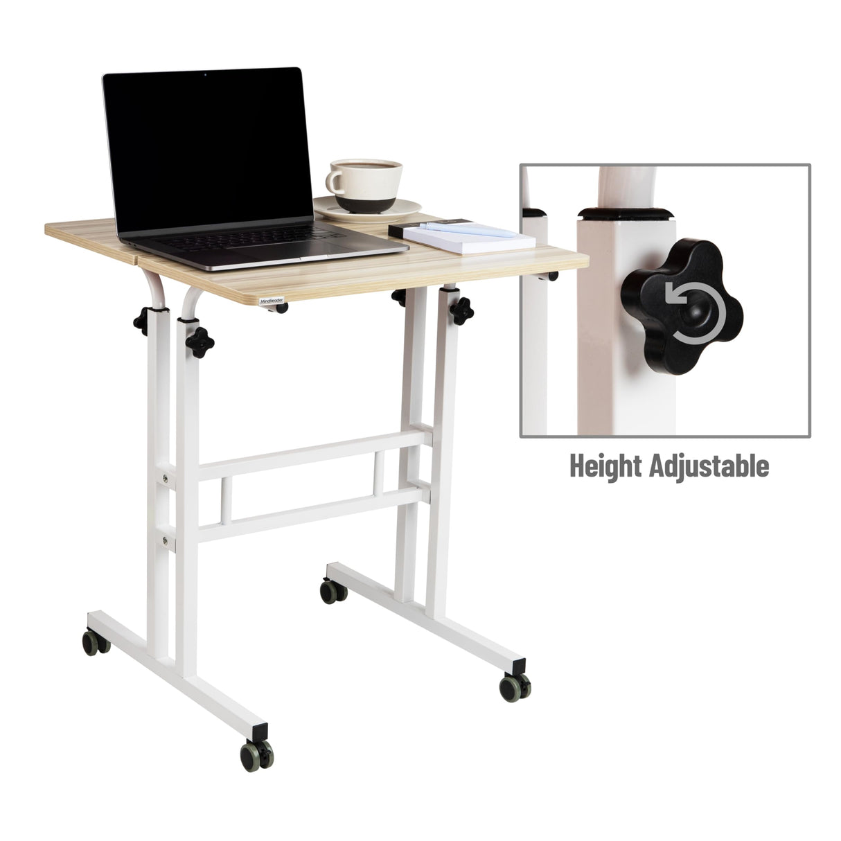 Mind Reader Standing Desk, Adjustable Height, Computer Desk, Laptop Desk, Portable, Rolling, 23.5"L x 19.5"W x 39"H, White Mind Reader