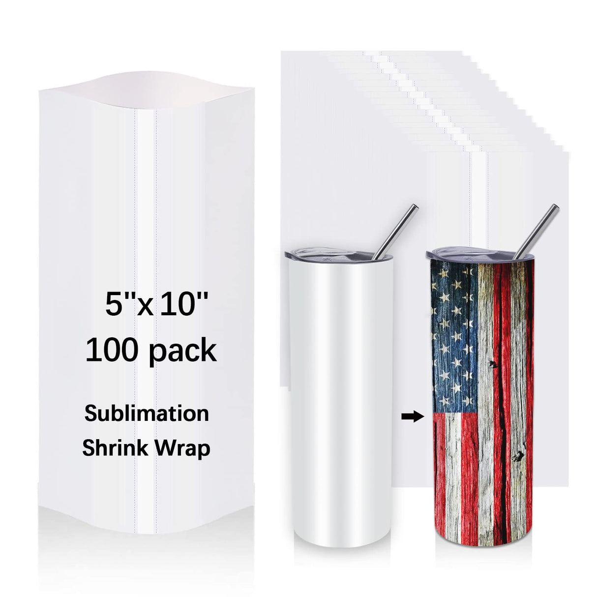 100Pcs Sublimation Shrink Wrap Sleeves,5x10 Inch Heat Transfer Shrink Film Bags for Blanks 20 oz Tumblers,Mugs,Cups,Shrink Wrap Bands for Sublimation OKBA