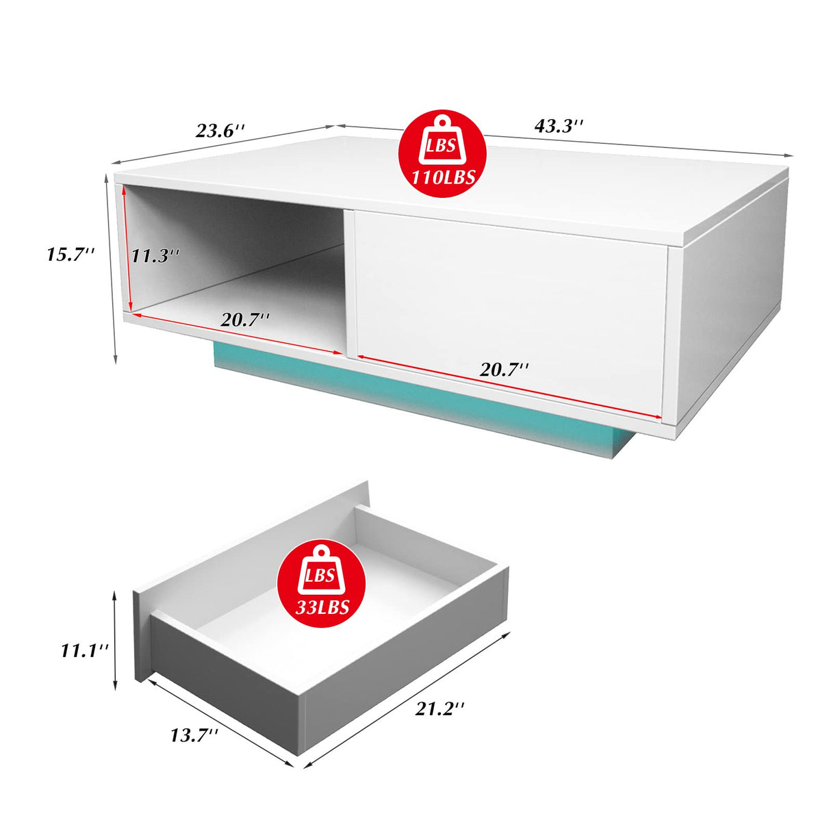 COSVALVE Modern White LED Coffee Tables for Living Room with Drawer & 16-Color LED Lights, Rectangle Living Room Sofa Table with Ample Storage Space(23.6" D x 43.3" W x 15.7" H) COSVALVE