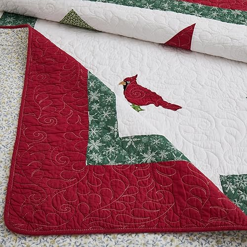 NELIFDER King Size Christmas Bedding Quilt Set 100% Cotton Red Bird White Snowflake Pattern Bedspread Real Patchwork Star Hand Made 3 Peice Wedding Ring Set NELIFDER