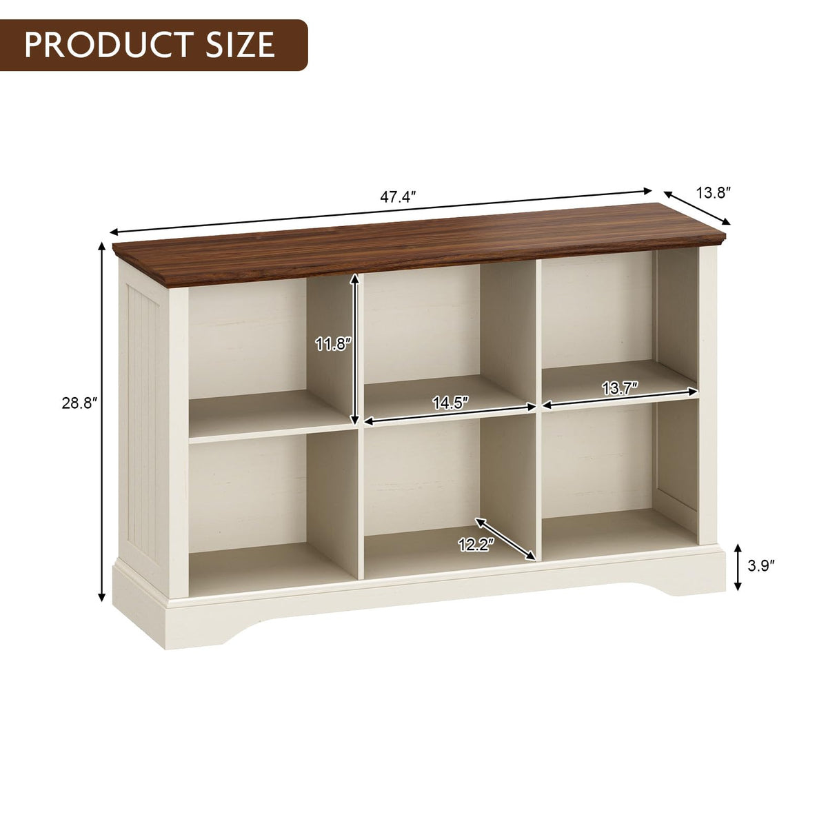 Athyrios 6 Cube Storage Organizer - 47.4" Farmhouse Wood Low Bookshelf, 3 Tier Horizontal Open Shelf Bookcase Cubby Storage Console Cabinet for Living Room, Entryway, Office, Antique White Athyrios