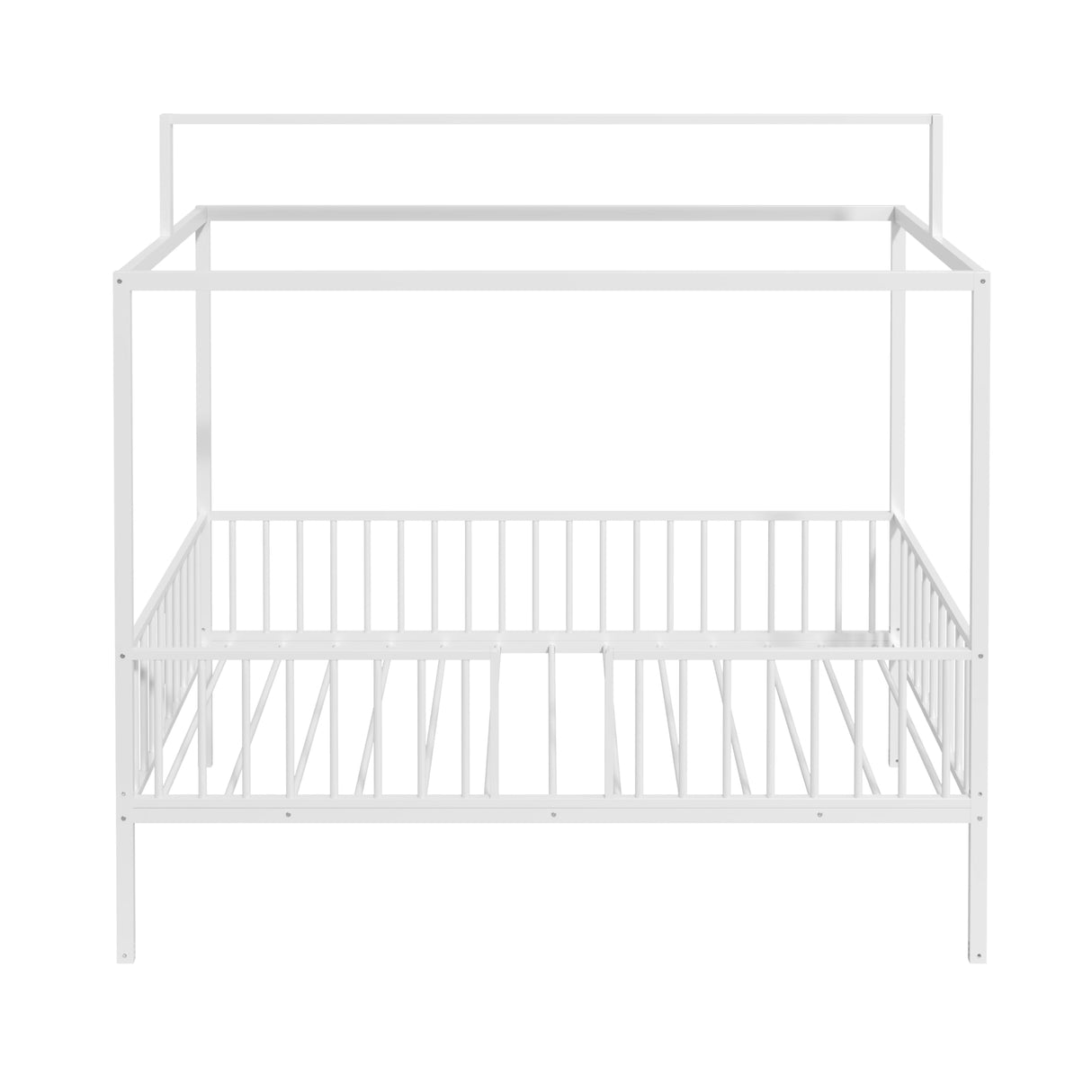 SOFTSEA 3-in-1 Convertible Twin Montessori Floor Bed, Twin Size Metal Canopy Bed with Metal Slats Support for Kids Teens, Adjustable Slats & Fence Guardrails, White SOFTSEA