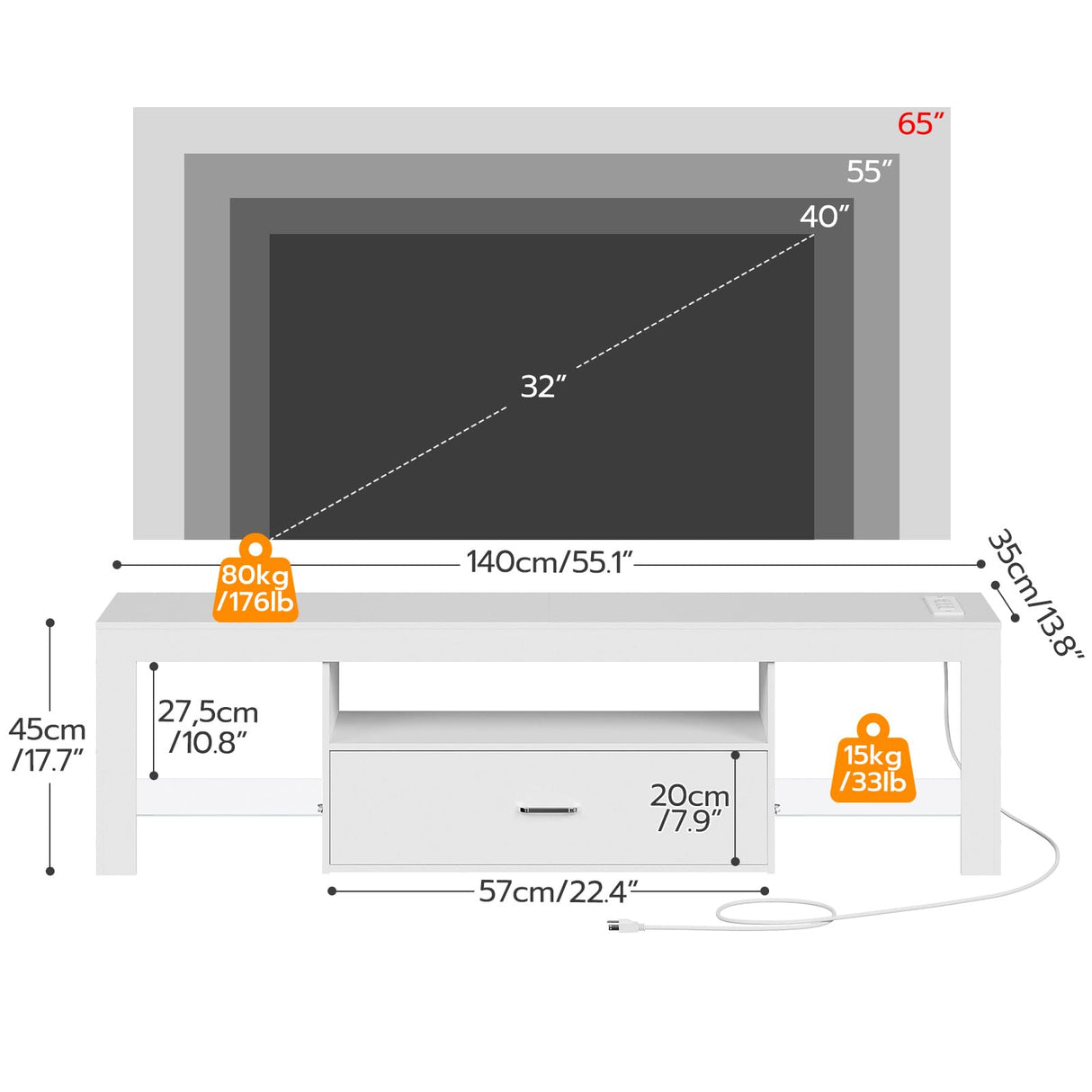 HOOBRO LED TV Stand with Power Outlets to 65 inch TV, Gaming Entertainment Center with Glass Shelves and Large Drawer, Modern Media TV Console Table for Living Room Bedroom, White WT14UDDS01 HOOBRO