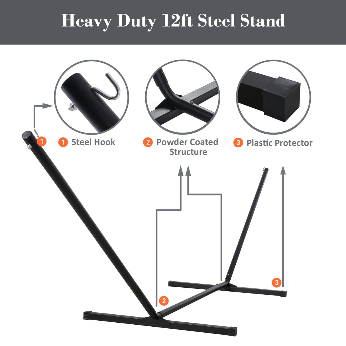 SUNCREAT Double Portable Hammock with Stand, 2 Person Hammock with Curved Spreader Bar, Balance Ropes Included, Dark Gray SUNCREAT