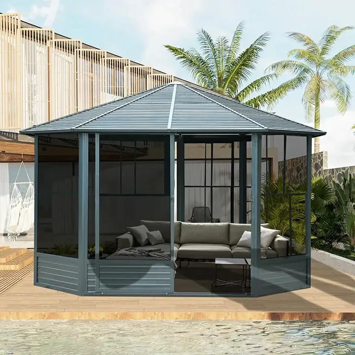 Domi 13x13FT Sunroom, Octagonal Solarium Aluminum Hardtop Gazebo with Galvanized Steel Roof, Detachable PE Screen, Sliding Door, Sun Room Pavilion Gazebo for Deck Backyard Garden domi outdoor living