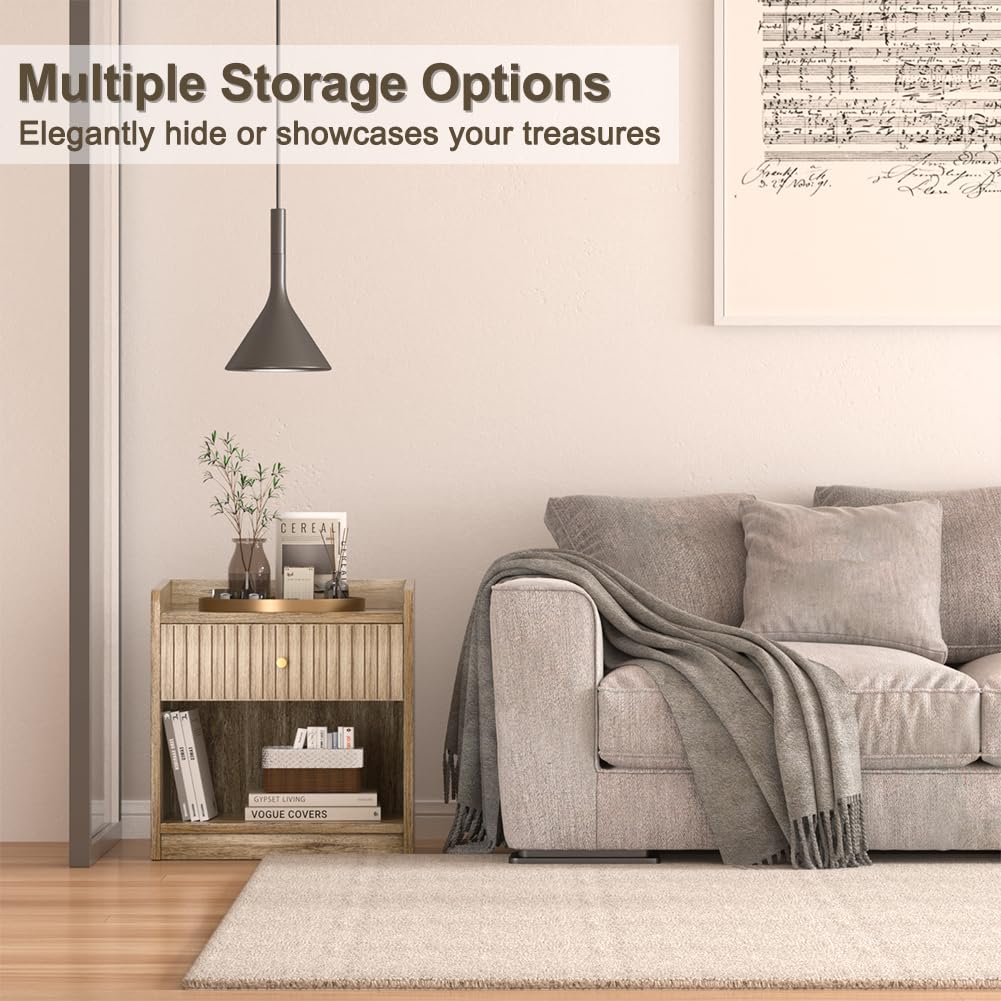 Nidouillet Nightstands Set of 2, Bedside Tables with Drawer, Night Stand Bed Side End Table with Open Storage for Farmhouse Bedroom Living Room Small Space Nidouillet