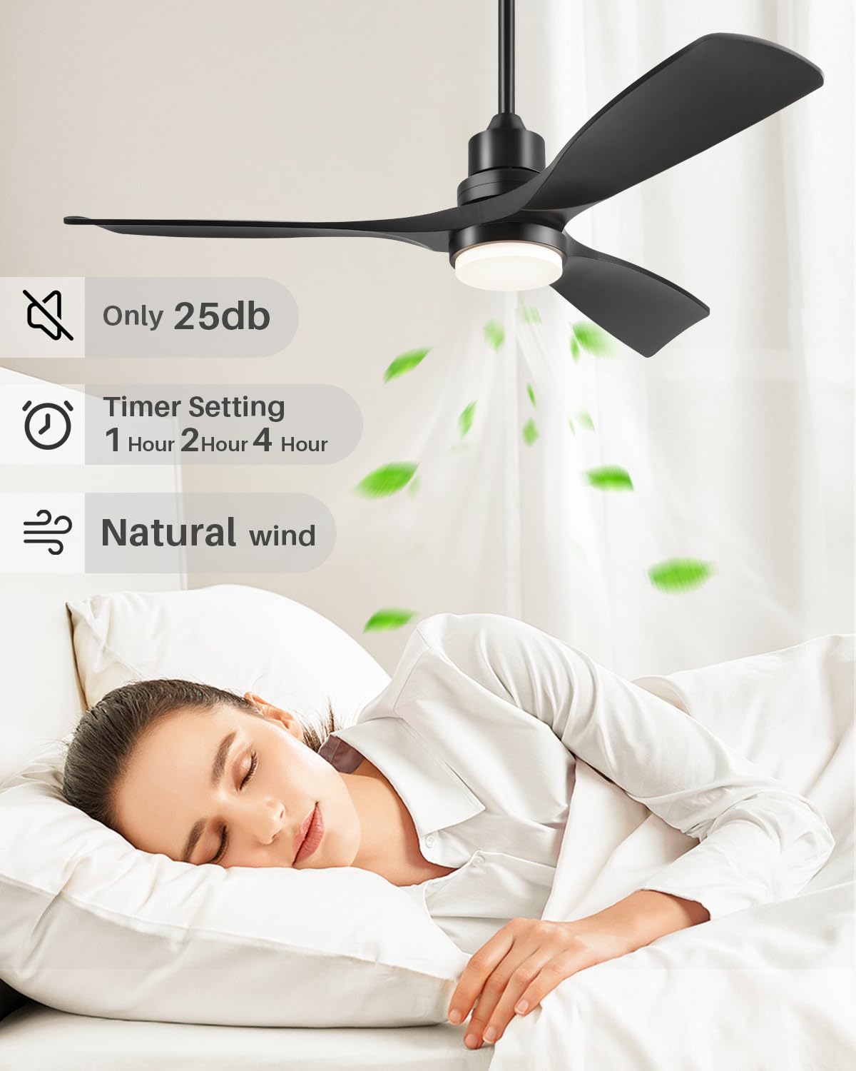 Forrovenco Ceiling Fan with Lights Remote Control, 52 Inch Black Ceiling Fans with 3 Downrods, 3 Blades, Timer, 6 Speed Modern Fan Quiet Reversible DC Motor for Patio Bedroom Outdoor/Indoor Forrovenco