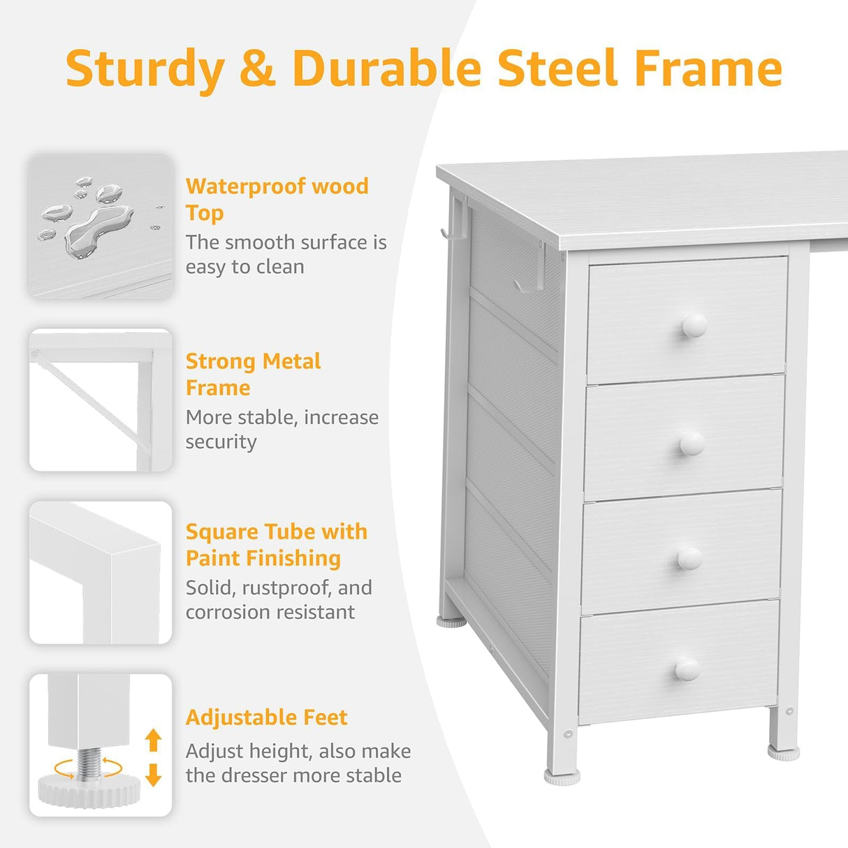 White Vanity Desk No Mirror - 47 Inch White Office Computer Desk with 8 Fabric Drawers on Both Sides for Girls, Makeup Work Writing Study Desks, Vanity Table No Mirror for Bedroom DLisiting