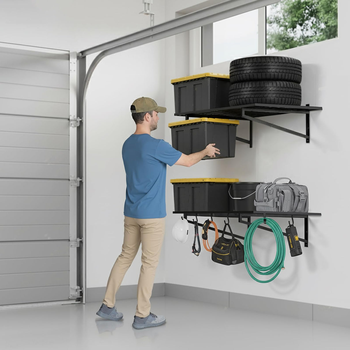 TimberAura 1-Pack Garage Wall Shelves, 2' x 4' Heavy Duty Wall Mounted Storage Rack with 3 Hooks, 250 lbs Capacity, Steel Garage Organization Shelving for Tools, Bins, and Power Equipment TimberAura