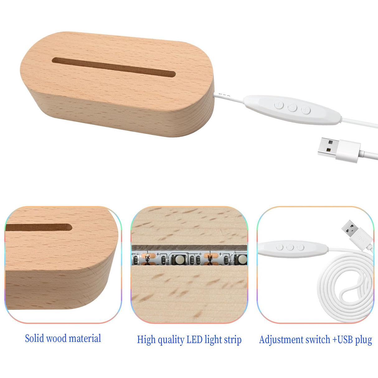 EATAKWARD 4 Pcs 5.9" Wood Rectangle Light Display Pedestal, Wooden LED Display Base Dimmable Colorful Lights Lamp Stand with USB Cable for Acrylic, Crystal, Night Light (Inner Slot, Oval base) EATAKWARD