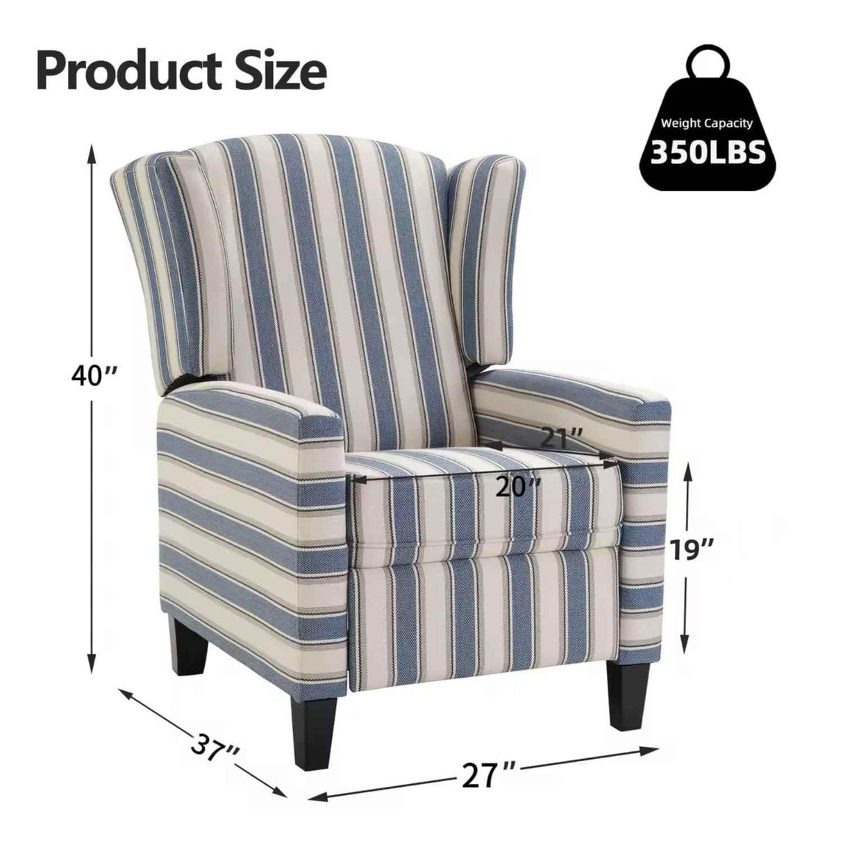 INZOY Wingback Pushback Recliner Chair, Fabric Push Back Recliners with Padded Seat, Mid Century Modern Reclining Chair for Living Room Bedroom, Blue Stripe INZOY