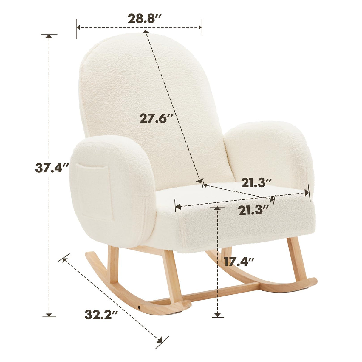 Jocoevol Upholstered Rocking Chair, Glider Chair with Side Pocket, Rocking Accent Chair with Rubber Wood Legs, Wooden Nursery Rocking Chair for Living Room, Bedroom, Nursery Jocoevol