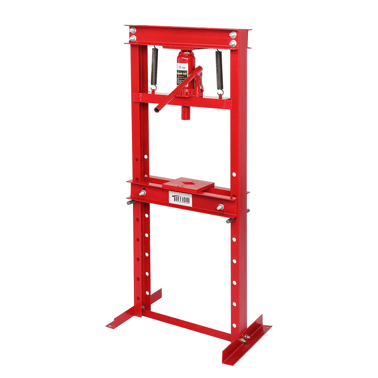 TUFFIOM 12-Ton Hydraulic Shop Press with Press Plates, H-Frame Garage Floor Press, Adjustable Working Table Height, 24.8”L x 15.35”W x 51.4”H TUFFIOM