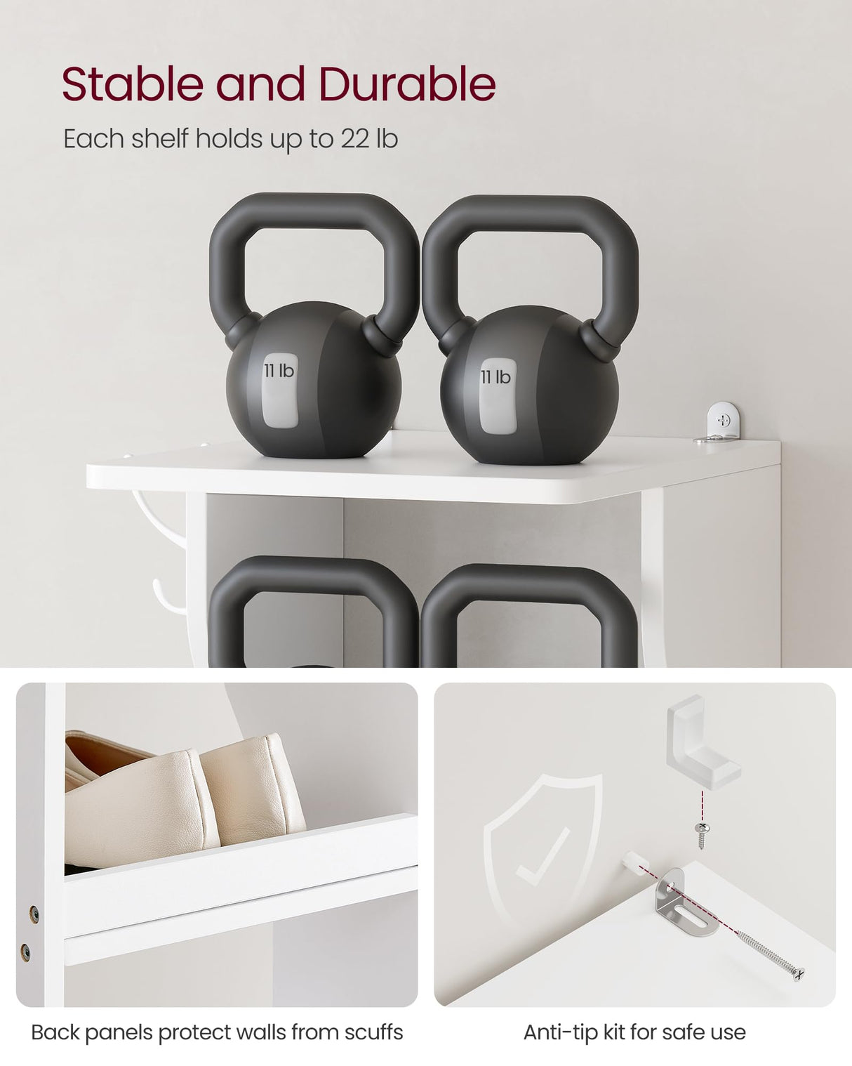 VASAGLE 7-Tier Vertical Shoe Rack, Narrow Shoe Storage Organizer with Hooks, Slim Corner Shoe Tower Rack, Space Saving for Entryway and Bedroom, White ULBS200T14 VASAGLE