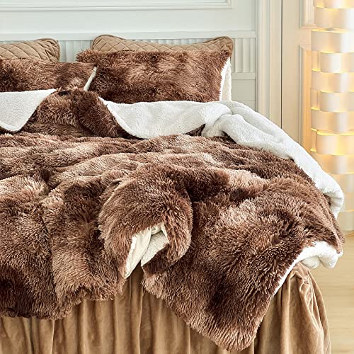 Luxury Faux Fur Shaggy Comforter Set Full/Queen Size, Plush & Sherpa Reversible Comforter Tie Dye Coffee, 3 Pieces Fluffy Fuzzy Bedding Set Ultra Soft and Warm for Winter (1 Comforter + 2 Pillowcases) Flysheep