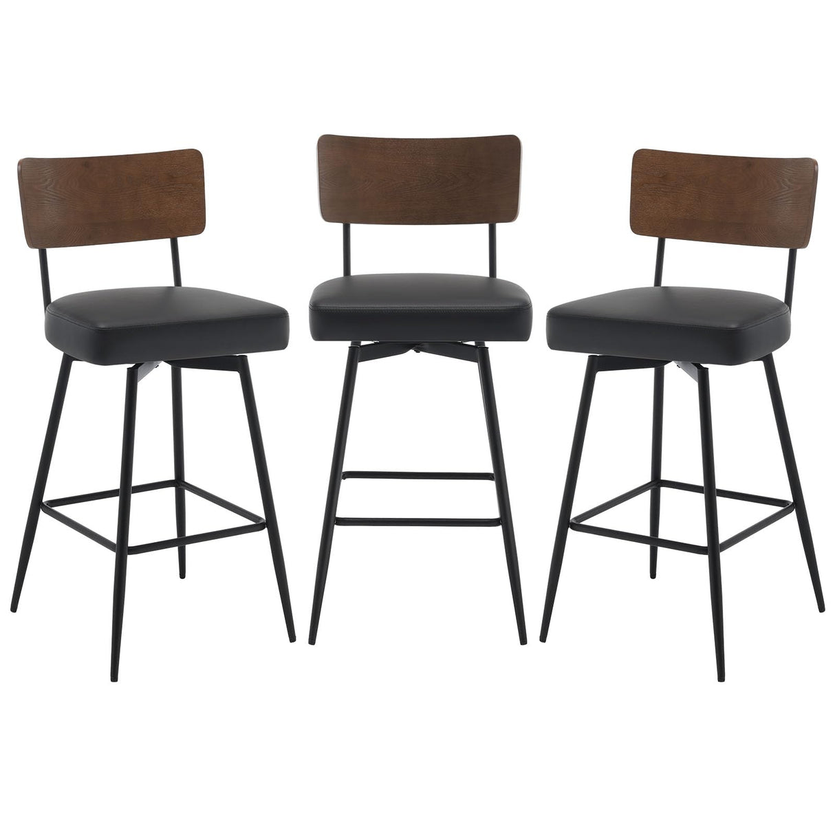 Bekrvio Counter Height Swivel Bar Stools Set of 3, Upholstered Faux Leather Barstools with Wood Backs and Metal Legs, 26" Seat Height Counter Bar Stool for Kitchen Island, Black Bekrvio