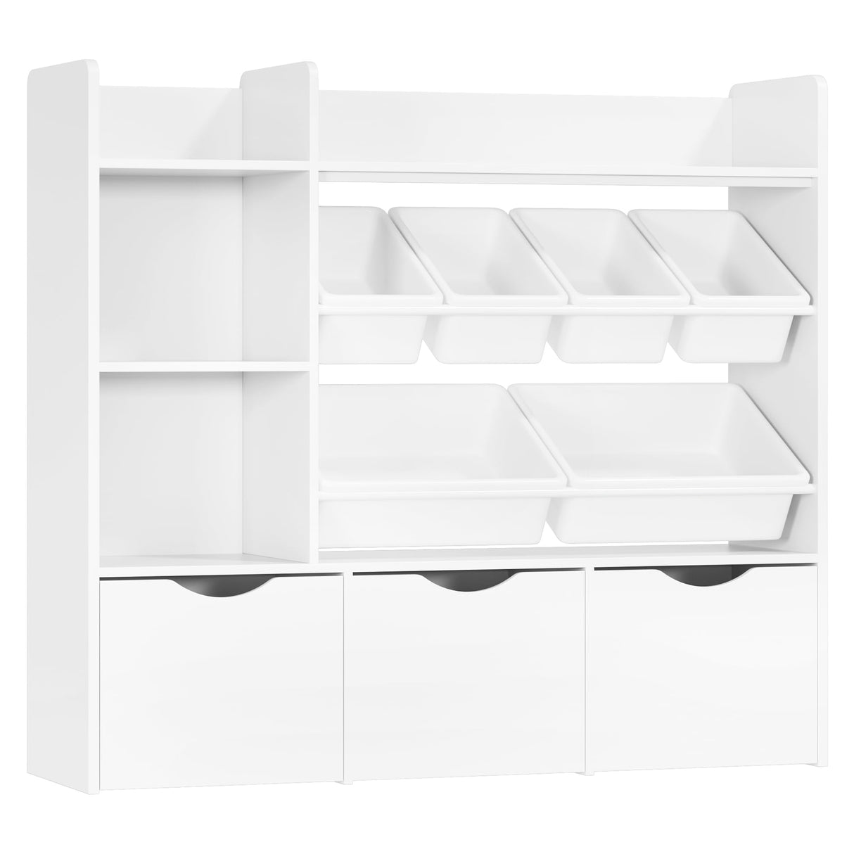 FACBOTALL Toy Storage Organizer with 3 Movable Drawers, Kids Bookshelf with 6 Plastic Bins & 2 Storage Cubbies, Toy Chest with Hidden Wheels, Toy Storage Box for Playroom, Classroom, Kids Room, White FACBOTALL