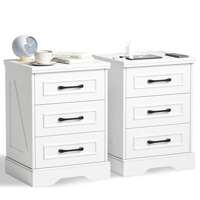 Seeday Night Stand Set 2 with Charging Station, 26" White Wood Nightstand with 3 Large Drawers, Farmhouse Morden Side Table with Type C, USB Ports and Outlets, for Bedroom, Living Room, Study Room
