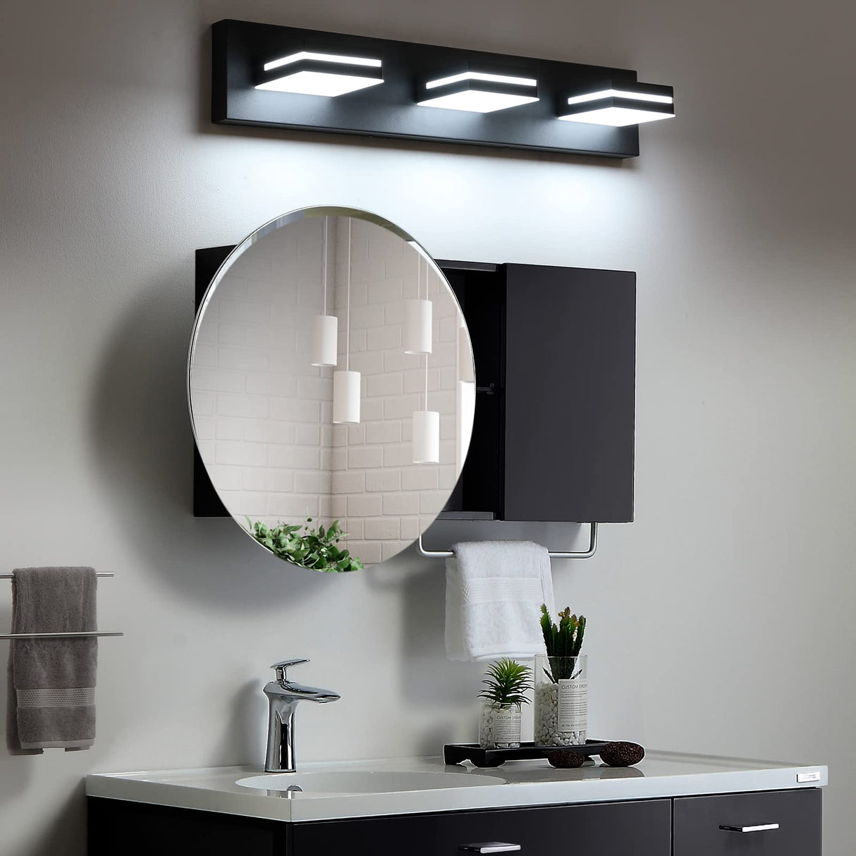 SineRise LED Modern Bathroom Vanity Light Fixtures (3-Light, 24-Inch), Matte Black Modern Acrylic Bathroom Wall Lighting Fixtures Over Mirror (Cool White 6000K) SineRise