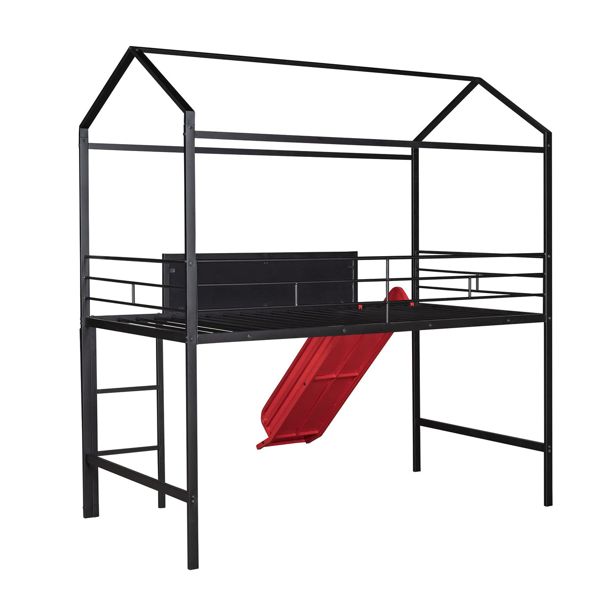 Twin House Loft Bed with Slide and Roof, Metal House Bed with Slide, Modern Style Heavy-Duty Steel Frame Loft Bed with Safety Rail, Built-in Ladder for Bedroom Dorm Boys Girls (Twin Size, Black+Red) Harper & Bright Designs