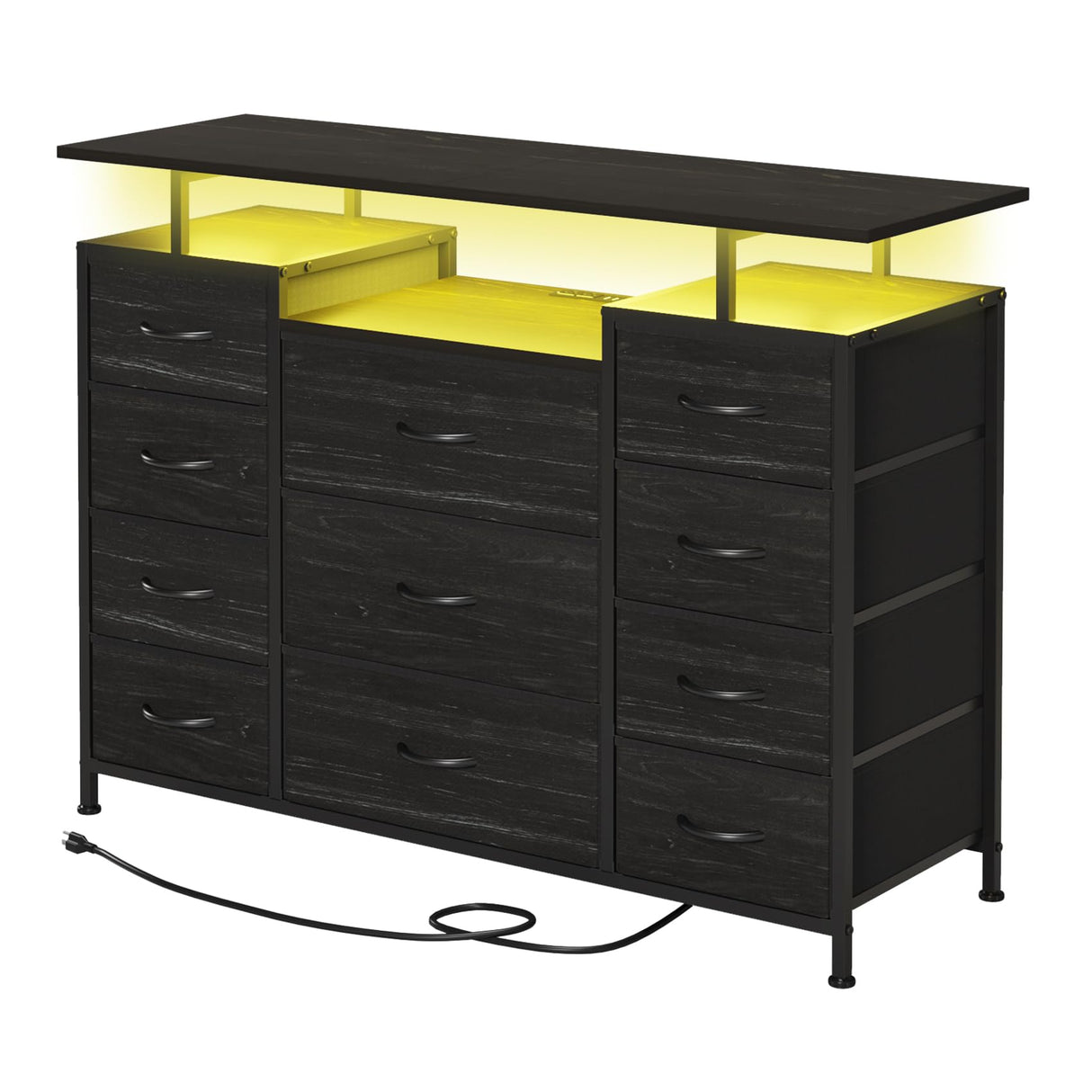LUMTOK 11 Drawers Dresser with Fabric Drawers,Charging Station, LED Lights and Shelves for Bedroom, Living Room, Hallway, Nursery Storage Organization (Black Wood Veins) LUMTOK