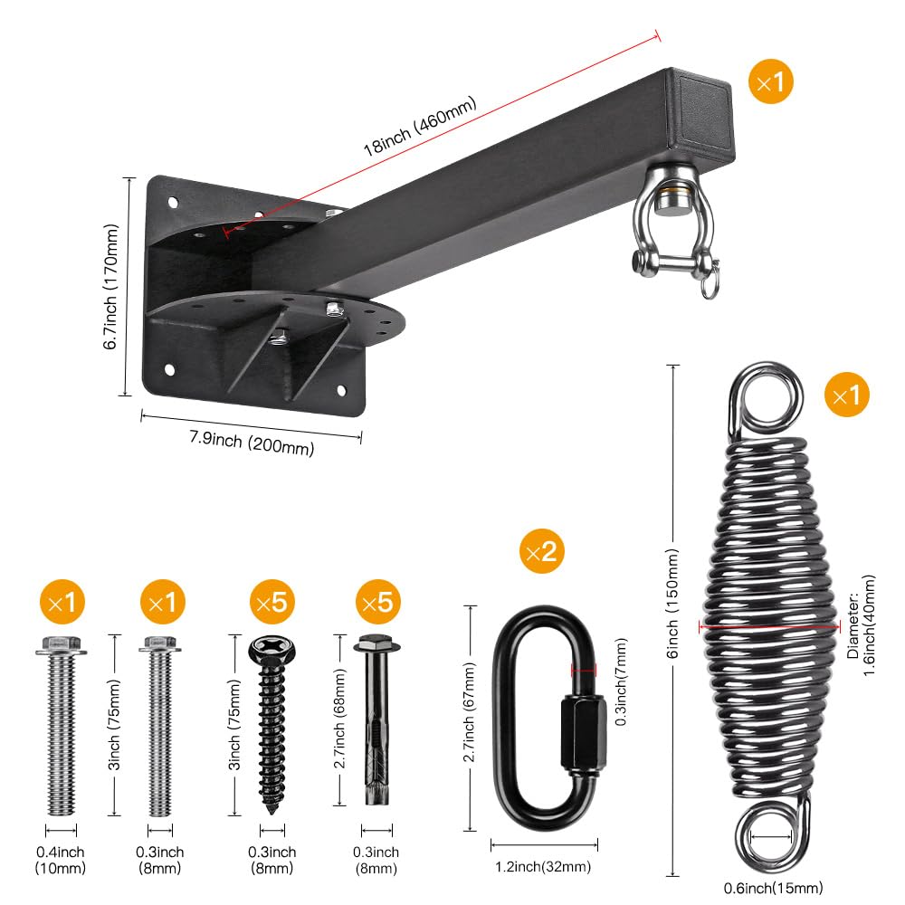 SELEWARE 18" Long Wall Mount Heavy Bag Hanger Heavy Duty Punching Bag Hanger with Spring Adjustable Boxing Bag Bracket for Home Gym Indoor Outdoor Boxing, Muay Thai and MMA Training SELEWARE