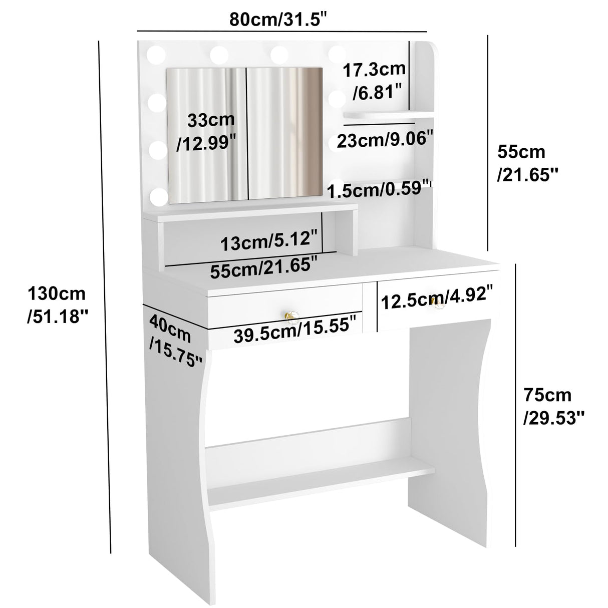CUOZOVA Vanity Desk with Mirror and Lights, White Vanity with Lighted Mirror, Vanity with Lights with Drawers & Shelves, Makeup Vanity Desk with Lights for Bedroom & Dressing Room, 3 Lighting Modes CUOZOVA