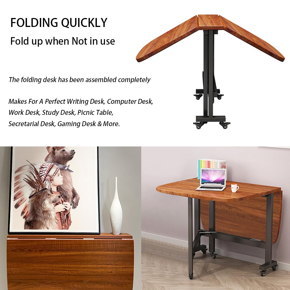 Rukulin Multifunction Table Drop Leaf Dining Table - 47" Solid Wooden Foldable Kitchen Table with 6 Wheels (Brown) Rukulin