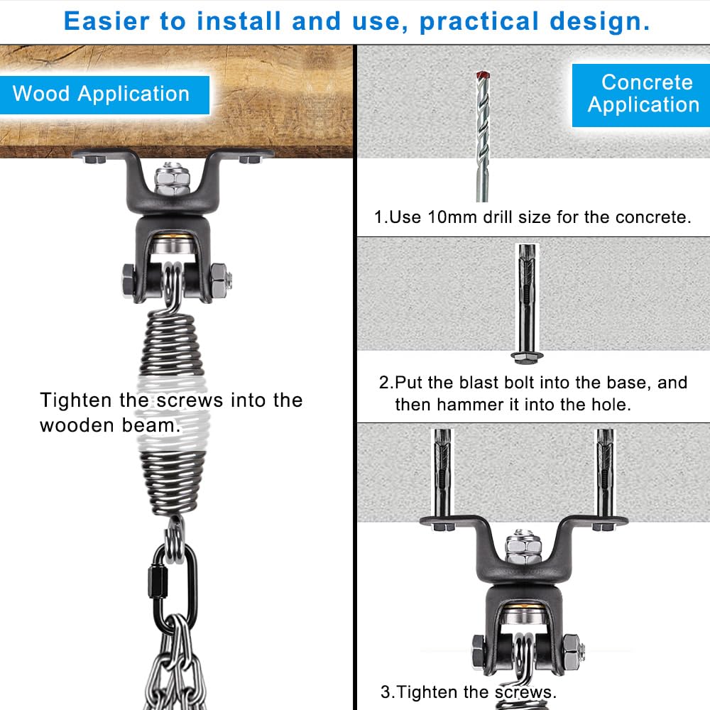 BeneLabel Heavy Duty Boxing Punching Bag Hanger Chain with Spring, 350 LB Capacity, 360° Rotation Wood Beam Holder with 4 Chains and 4 Carabiners, 2 Hexagon Wood Screws and 2 Expansion Screws. BeneLabel