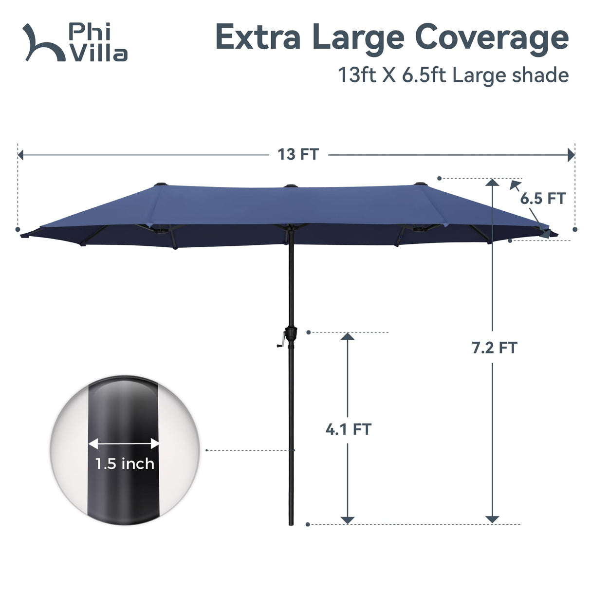 PHI VILLA 13ft Outdoor Market Umbrella Double-Sided Twin Large Patio Umbrella with Crank, Navy Blue PHI VILLA