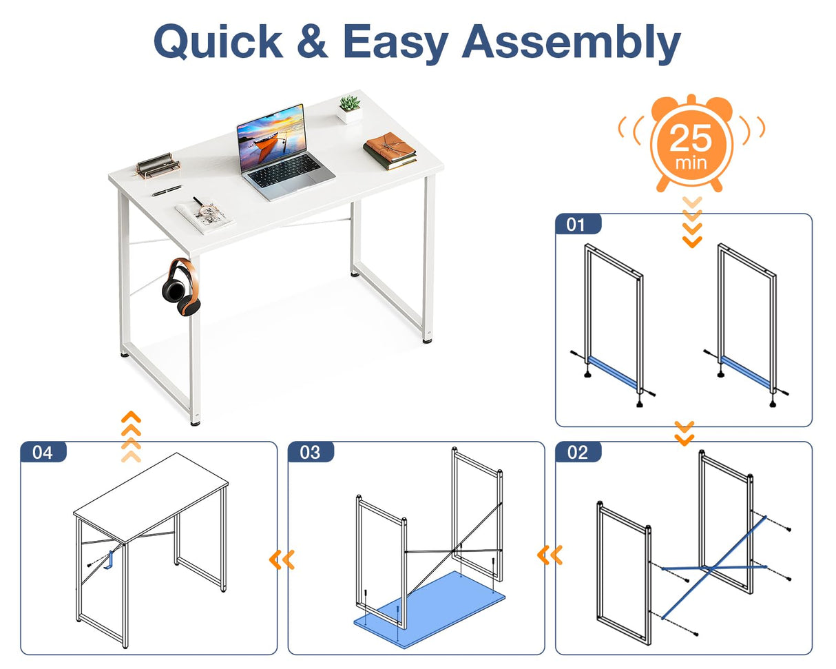 Casaottima 32 Inch Small Computer Desk for Home Office, Study Writing Table for Small Spaces, Simple Modern Desk with Headphone Hooks, Pure White Casaottima