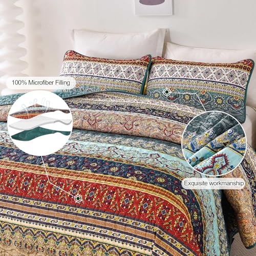 WONGS BEDDING Boho Queen Quilt Set, Green and Brown Bohemian Queen Quilt Bedding Set, Lightweight Microfiber Bed Decor Bedspread for All Season 96"x90"(3 Pieces) WONGS BEDDING